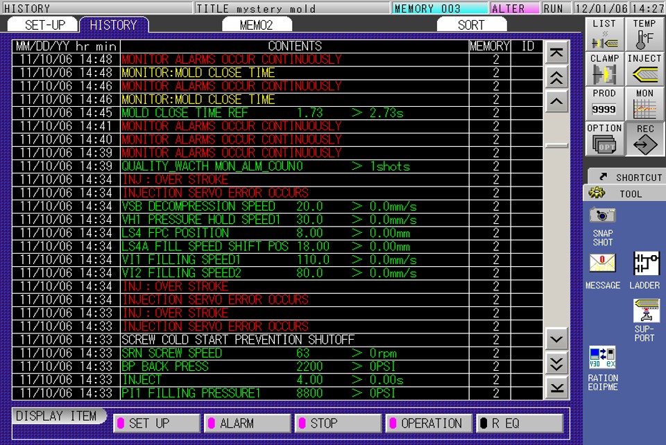 V50 Set, Alarm, And Stop History